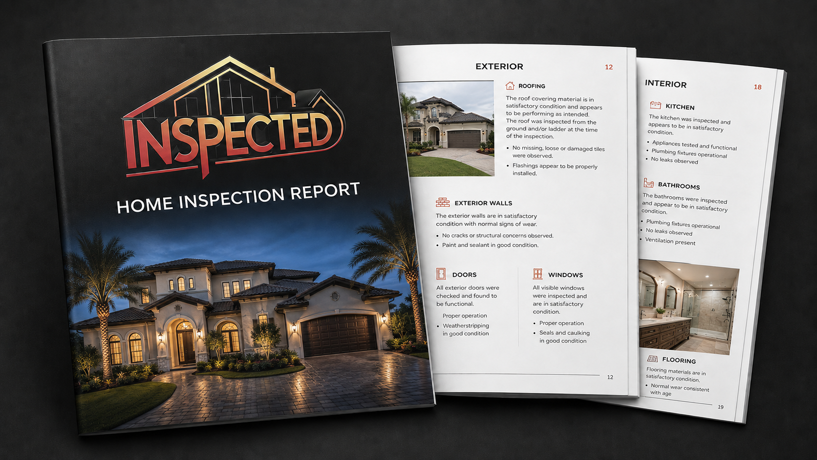 Inspected home inspection report cover and interior pages